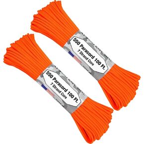 Atwood Rope - Neon Orange 550 Paracord, 7 Strand Core 1/8 inch x 100 Foot - 2 Pack
