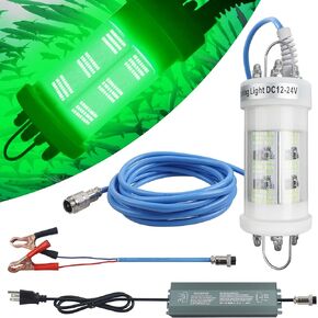 160W Underwater Fishing Light, 80000 Lumens 110V & 12/24V Waterproof IP68 Green Submersible LED Fish Light with Transformer for Boat Dock Kayaks Night Fishing, 20ft Power Cord