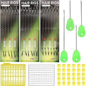 Carp Fishing Hair Rigs Kit - 18pcs High Carbon Steel Hook Rolling Swivel Boilies Carp Fishing Rigs with 2 Card Boilie Bait Stops 4 Sizes Stringer Needles 30pcs Soft Corn Baits