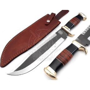 SHINY CRAFTS 18" Hunting Knife, Crocodile Dundee Knife, Fixed Blade Bowie Knife with Acid Washed Blade, Hunting Knife with Horn and Leather Handle & Premium Quality Leather Sheath (HK-0019-C)