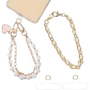 2 PCS Cell Phone Wrist Lanyard Double Beaded, Pearl Beaded Phone Wrist, Rist Strap for Phone Case Double Chain Phone Charm Phone Chain Wristlet for Women Men Phone Wallet Keychain Camera