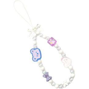 Phone Charms Strap, Cute Beaded Phone Strap Aesthetic Phone Bracelet Wrist Strap Lanyard Phone String Decoration for Women (White Purple)