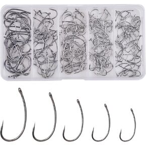 Barbless Fishing Hooks Kit 200PCS Carp Circle Hook Barbless Curve Shank Crank Hooks Fly Tying Fish Hook Carp Hair Fishing Tackle for Freshwater Saltwater