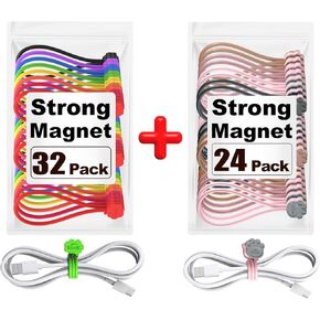 32 + 24 Pack Magnetic Cable Ties， Cute Cloud Design + Cute Cat's Paw Design, Great for Bundling and Organizing, Holding Stuff, Book Markers, Fridge Magnets