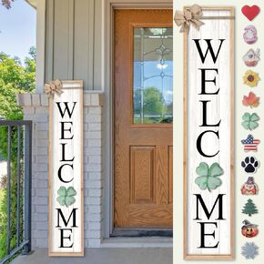 Outdoor 2in1 Welcome Sign for Front Porch Standing 45"X9" Long Vertical Leaner Tall Wood Framed Modren Rustic Farmhouse Large Home Sweet Home Signs Front Door For Outside Decor (Black)