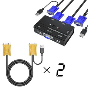 2 Port VGA KVM Switch w/2pack 4ft KVM Cable + 2 Pack 10ft VGA KVM Cable