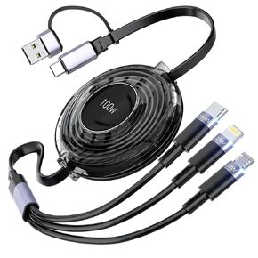 3-in-1 Retractable Multi Charging Cable, 100W Fast Charging USB-C/A to Lightning/USB-C/Micro USB for iPhone 16, 15, 14 Pro Max, Samsung Galaxy, Kindle, Travel Charger for Multiple Devices (White)