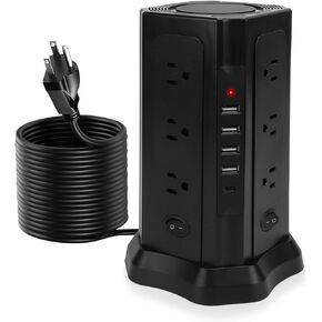 Power Strip Tower, Charging Tower for Multiple Devices, 16.5FT Surge Protector Tower with 12 AC Outlets 5 USB Ports (1 USB C) Overload Protection for Home Kitchen Dorm Office Desk (black-16.5ft)