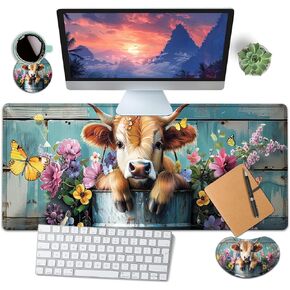 Large Mouse Pad with Mouse Wrist Rest, 31.5x11.8 in Extended Mouse Mat with Non-Slip PU Base, Ergonomic Memory Foam Wrist Rest, for Work & Gaming Writing Pad, Cute Baby Cow in Bucket Office Desk Pad