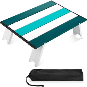 Beach Table Folding Camping Small Mini Portable Table Striped White Aluminum Side with Carry Bag for Camping Picnics and Outdoor Activities(Cyan Green)