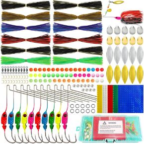 148Pcs Spinner Making Kit Spinner Blades, Spoon, Jig Head Spinner Shaft, Silicone Jig Skirts, Fishing Beads, Swivels, Clevis U-Shaped Links for Spinnerbaits DIY Making Kit for Bass Trout