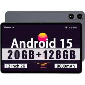 Android 15 Tablet, 12-inch Tablet with 20GB RAM 128GB ROM 1TB Expansion, T615 Octa-core Processor, 8000mAh, 2000x1200 2K Display, 5MP + 13MP Dual Camera, Widevine L1, BT5.2, WiFi 5.0, GPS - Black