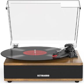Record Player Turntable with Bluetooth 5.1 Built in Stereo Speakers Belt Drive 3 Speeds Turntables for Vinyl Records Support RCA Output, Aux in, Auto Stop Light Brown