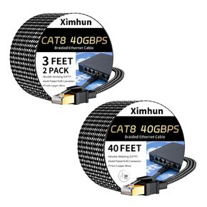Cat 8 Ethernet Cable 3FT 2Pack and 40FT, High-Speed Braided Internet Cable Network Cord with RJ45 Connector 40Gbps 2000Mhz Heavy Duty LAN Cable Shielded Indoor