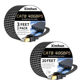 Cat 8 Ethernet Cable 3FT 2Pack and 20FT, High-Speed Braided Internet Cable Network Cord with RJ45 Connector 40Gbps 2000Mhz Heavy Duty LAN Cable Shielded Indoor