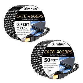 Cat 8 Ethernet Cable 3FT 2Pack and 50FT, High-Speed Braided Internet Cable Network Cord with RJ45 Connector 40Gbps 2000Mhz Heavy Duty LAN Cable Shielded Indoor