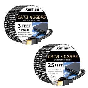 Cat 8 Ethernet Cable 3FT 2Pack and 25FT, High-Speed Braided Internet Cable Network Cord with RJ45 Connector 40Gbps 2000Mhz Heavy Duty LAN Cable Shielded Indoor