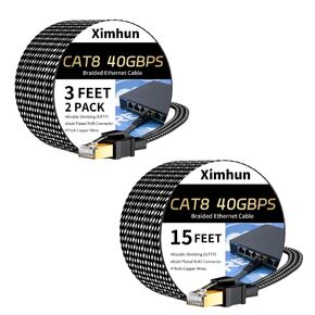 Cat 8 Ethernet Cable 3FT 2Pack and 15FT, High-Speed Braided Internet Cable Network Cord with RJ45 Connector 40Gbps 2000Mhz Heavy Duty LAN Cable Shielded Indoor