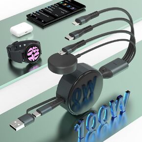 4 in 2 Samsung Watch Charger for Galaxy Watch 7/6 Classic/6/5 Pro/5-100W USB C Multi Charging Cable for Galaxy Watch Charger,Portable Fast Charging Cord for Samsung S25 S24,iPhone,iPad, MacBook,Buds