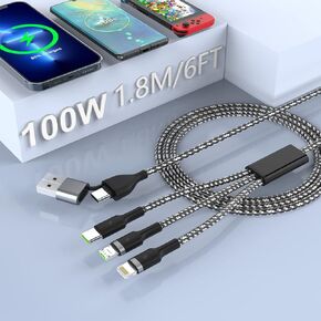 PD 100W USB C to Multi Charging Cable - 6FT Universal 5 in 2 Fast Charging Cord - 5A Nylon Braided USB PD Cable - USB C to Lightning/Type C/Micro USB Sync Charger Adapter for iPhone/Samsung
