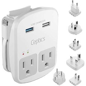 Ceptics World Travel Adapter Kit - QC 3.0 2 USB + 2 US Outlets, SWadAPt Type B Attachment with 6 ft Extension Cord, Plugs for Europe, UK, China, Australia, Japan, Safe ETL Tested