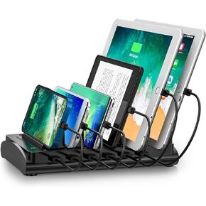60W Charging Station for Multiple Devices, Powstick 6-Port USB Fast Multi Charger Stations for MacBook, iPhone, Android Cell Phone, iPad, Tablet, Electronics for Home Office（6 Short Cables Included）