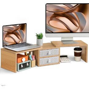 TEAMIX Dual Monitor Stand Riser with 2 Drawers - Length and Angle Adjustable White Monitor Stand with Storage Large Computer Riser for 2 Monitors/Laptop/PC, Wood Screen/TV Stand Desk Organizer