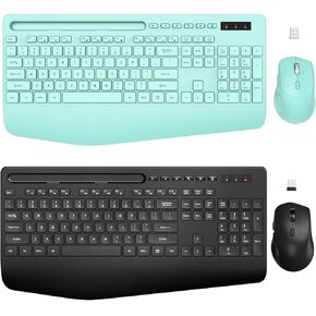 2 Pack Wireless Keyboard and Mouse Combo - Full-Sized Ergonomic Keyboard with Phone Holder, Wrist Rest, Sleep Mode, Silent 2.4GHz Cordless Keyboard Mouse Combo for Computer, Laptop, PC, Mac-Trueque