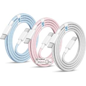 USB C to USB C Cable 10ft, 3Pack 60W iPhone 16 15 Charger Cord, Long Braided Type C Fast Charging Cable for iPhone 16 15/15 Pro/15 Pro Max/15 Plus, iPad Pro, iPad Air 4/5/Mini 6, MacBook Air, Samsung