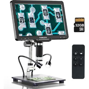 TOMLOV DM501 10.1" HDMI Digital Microscope 1300x, Polarizer Lens, 24MP Soldering Coin Microscope with Large IPS Screen, LCD Digital Microscope for Electronics Repair Adults, PC/TV Compatible, 32GB