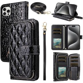 Argyle Wallet Case for iPhone 13 Pro Max 2021 6.7 inch with Crossbody/Wrist Strap Lanyard PU Leather Zipper Purse Cell Phone Cover for iPhone13promax 5G i Phone13Max Plus iPhone13 ProMax Red
