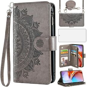 Asuwish Phone Case for Motorola Edge+ Plus 2023/Edge 40 Pro 5G/Moto X40 Wallet Cell Cover with Screen Protector Lanyard Wrist Strap Mandala Flower Zipper Card Holder Slot Stand X + Women Girls Blue