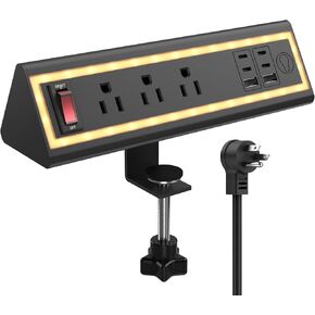 Desk Clamp Power Strip with Nightlight, 40W Fast Charging, 6FT Extension Cord, 4x20W USB-C & 2 USB Ports, 3 AC Outlets, Fits 1.69-Inch Table Edges