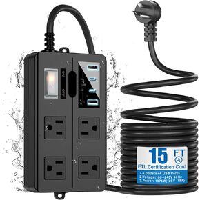 VNJ Outdoor Power Strip with 8AC Outlets + 4USB Ports, IPX6 Waterproof Surge Protector, Safety Lock Design and ETL-Certified Cables, 6FT Extension Cord for Home, Garden, and Commercial Use
