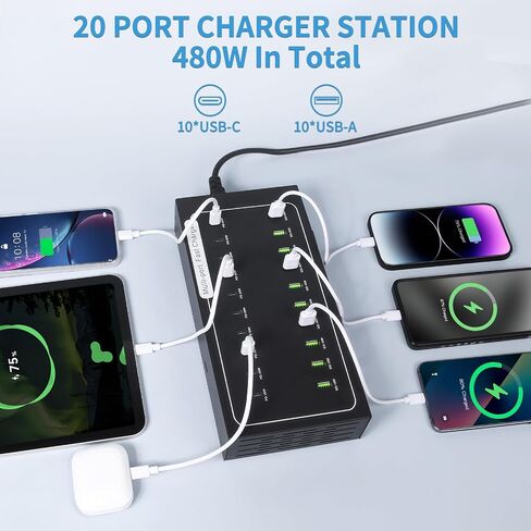 480W USB Charging Station, 20 Port Fast Charging Station for Multiple Devices, PD3.0/QC4.0 Multi-Protocol, Smart Power Delivery & Overload Protection for iPhone, iPad, Tablet, and More in Kuwait