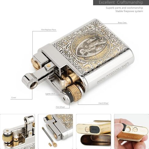 Antique Brass Lighter for Men, Flint Wheel Soft Flame, Vintage Lift Arm Design, Durable Outdoor Use, Gift for Men Dad Husband (Constantine) in Saudi Arabia
