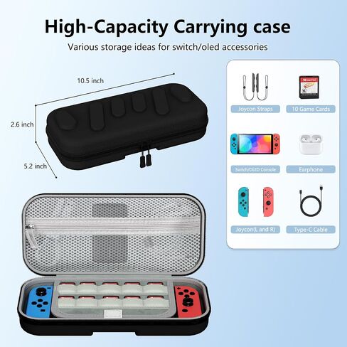 bibuks Switch Carrying Case Compatible with Nintendo Switch & Switch OLED, Portable Switch Travel Carry Case, Protective Hard Shell Pouch with Pockets for Accessories and Games (Black, Medium) in Kuwait