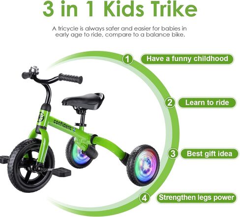 YGJT 3 in 1 Lighting Tricycle for Toddlers Age 2-5 Years Old, Folding Kids Balance Bike with Adjustable Seat and Removable Pedal, Toddler Bike Ride-on Toys for Infant, Gifts for Baby Boys Girls in Kuwait