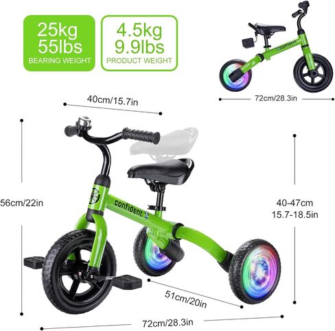 YGJT 3 in 1 Lighting Tricycle for Toddlers Age 2-5 Years Old, Folding Kids Balance Bike with Adjustable Seat and Removable Pedal, Toddler Bike Ride-on Toys for Infant, Gifts for Baby Boys Girls in Kuwait