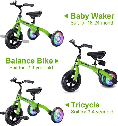 YGJT 3 in 1 Lighting Tricycle for Toddlers Age 2-5 Years Old, Folding Kids Balance Bike with Adjustable Seat and Removable Pedal, Toddler Bike Ride-on Toys for Infant, Gifts for Baby Boys Girls in Kuwait