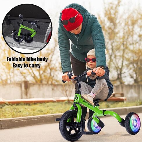 YGJT 3 in 1 Lighting Tricycle for Toddlers Age 2-5 Years Old, Folding Kids Balance Bike with Adjustable Seat and Removable Pedal, Toddler Bike Ride-on Toys for Infant, Gifts for Baby Boys Girls in Kuwait