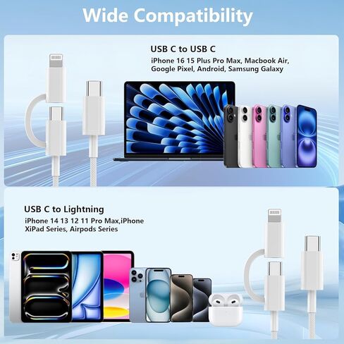 2 in 1 iPhone Fast Charging Cable, 2Pack USB C to USB C Cable 100W USB C Fast Charging CarPlay Cable Multi Charger Cord Auto Link with Lightning Adapter for iPhone 16 15 14 13 12 iPad Airpods, Galaxy in Saudi Arabia
