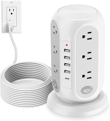 Power Strip Tower, Charging Tower for Multiple Devices, 16.5FT Surge Protector Tower with 12 AC Outlets 5 USB Ports (1 USB C) Overload Protection for Home Kitchen Dorm Office Desk (black-16.5ft) in Kuwait