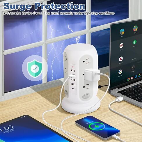 Power Strip Tower, Charging Tower for Multiple Devices, 16.5FT Surge Protector Tower with 12 AC Outlets 5 USB Ports (1 USB C) Overload Protection for Home Kitchen Dorm Office Desk (black-16.5ft) in Kuwait