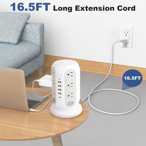 Power Strip Tower, Charging Tower for Multiple Devices, 16.5FT Surge Protector Tower with 12 AC Outlets 5 USB Ports (1 USB C) Overload Protection for Home Kitchen Dorm Office Desk (black-16.5ft) in Kuwait