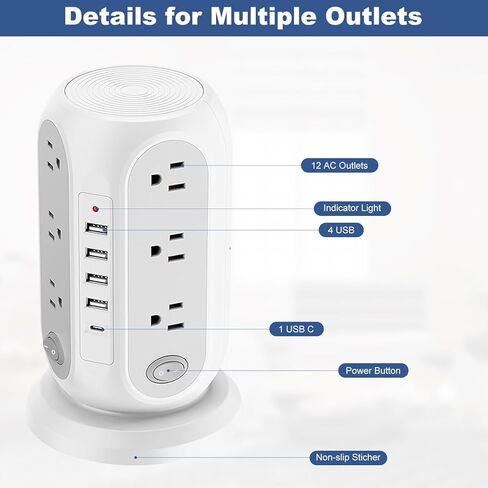 Power Strip Tower, Charging Tower for Multiple Devices, 16.5FT Surge Protector Tower with 12 AC Outlets 5 USB Ports (1 USB C) Overload Protection for Home Kitchen Dorm Office Desk (black-16.5ft) in Kuwait