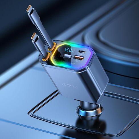 شاحن سيارة قابل للسحب ، 181W 4 في 1 (Dual PD 65W) لشاحن سيارة iPhone 16 ، شحن سريع ، RGB Light ، سلك قابل للسحب 2.9 قدم ، محول شاحن سيارة USB C لـ iPhone 16 15 14 13 12 ، Samsung in Kuwait