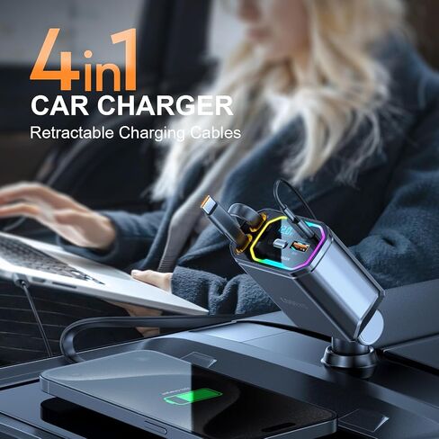 شاحن سيارة قابل للسحب ، 181W 4 في 1 (Dual PD 65W) لشاحن سيارة iPhone 16 ، شحن سريع ، RGB Light ، سلك قابل للسحب 2.9 قدم ، محول شاحن سيارة USB C لـ iPhone 16 15 14 13 12 ، Samsung in Kuwait