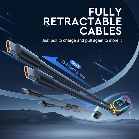 شاحن سيارة قابل للسحب ، 181W 4 في 1 (Dual PD 65W) لشاحن سيارة iPhone 16 ، شحن سريع ، RGB Light ، سلك قابل للسحب 2.9 قدم ، محول شاحن سيارة USB C لـ iPhone 16 15 14 13 12 ، Samsung in Kuwait
