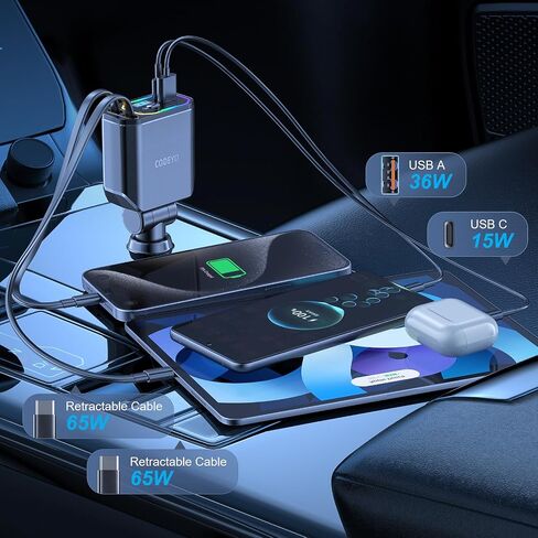 شاحن سيارة قابل للسحب ، 181W 4 في 1 (Dual PD 65W) لشاحن سيارة iPhone 16 ، شحن سريع ، RGB Light ، سلك قابل للسحب 2.9 قدم ، محول شاحن سيارة USB C لـ iPhone 16 15 14 13 12 ، Samsung in Kuwait
